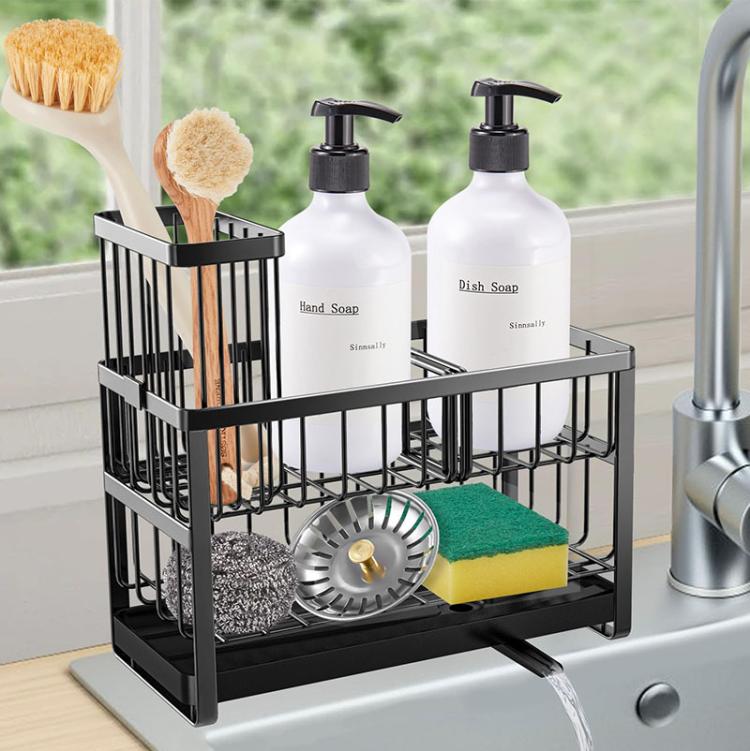 2-Tier Sponge Drying Rack Kitchen Sink Countertop Organizer Holder for Scrubbers, Long Brushes & Dishcloths - Black