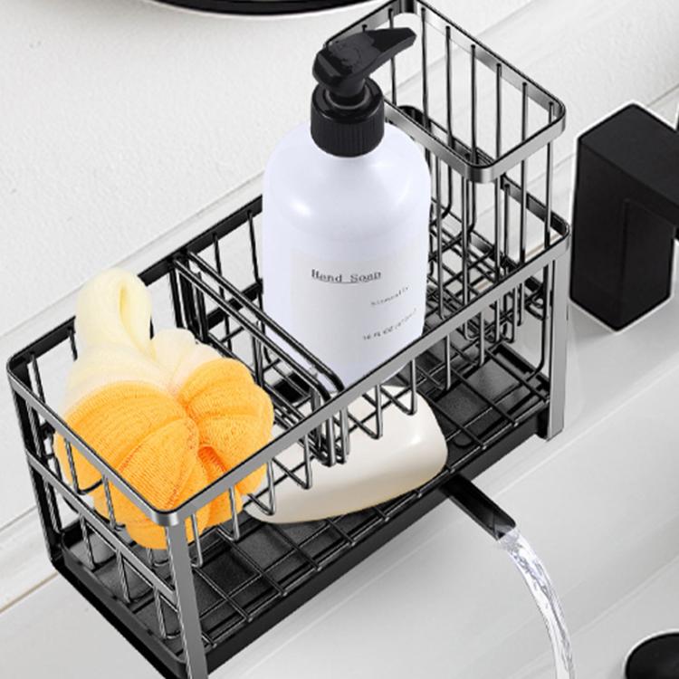 2-Tier Sponge Drying Rack Kitchen Sink Countertop Organizer Holder for Scrubbers, Long Brushes & Dishcloths - Black