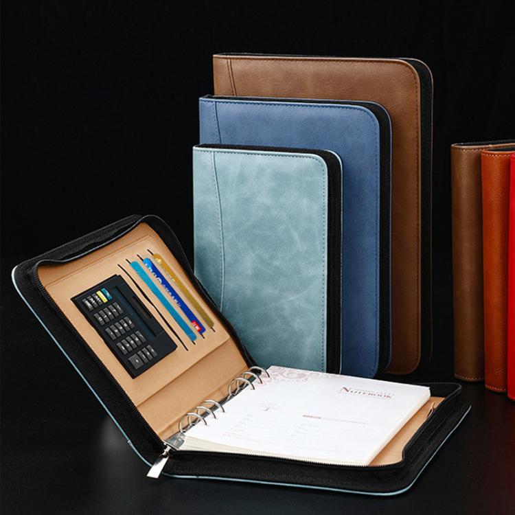 A5 PU Leather Zipper Organizer & Refillable Notebook with 8-Digit Calculator, Multi-Card Slots & Receipt Compartment