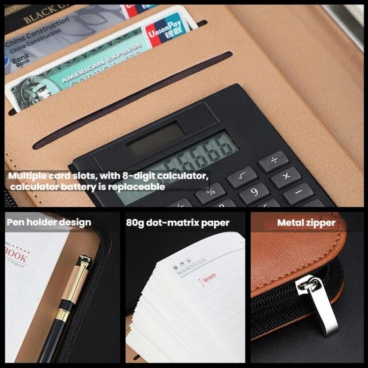 A5 PU Leather Zipper Organizer & Refillable Notebook with 8-Digit Calculator, Multi-Card Slots & Receipt Compartment