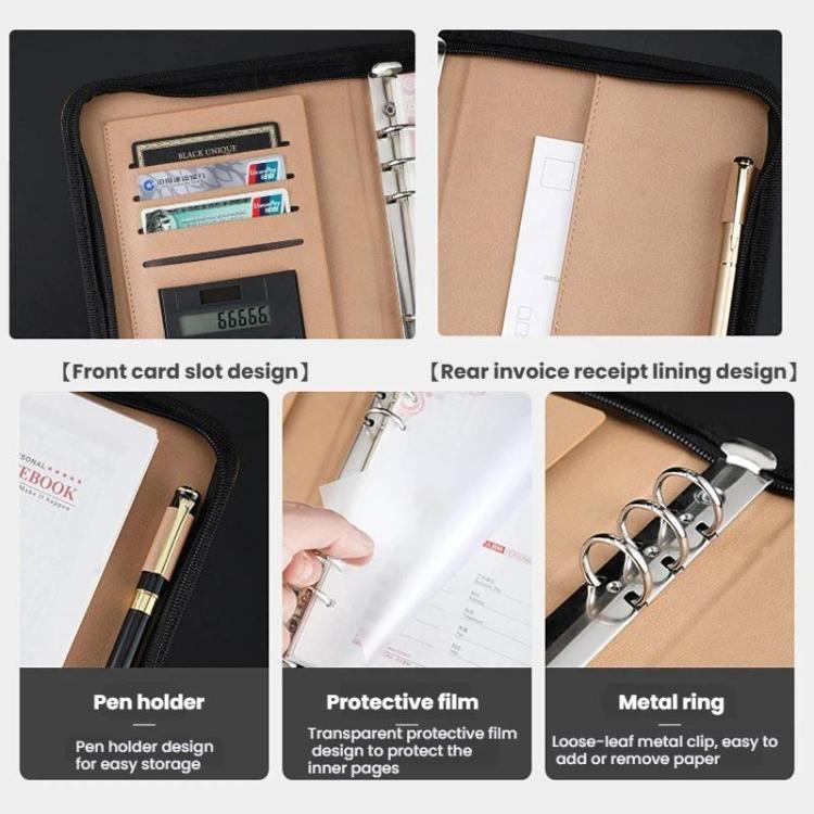 A5 PU Leather Zipper Organizer & Refillable Notebook with 8-Digit Calculator, Multi-Card Slots & Receipt Compartment