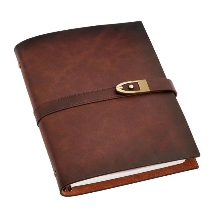 A5 Genuine Leather Travel Journal Refillable Notebook with Vintage Soft Cover & Antique Brass Buckle Closure