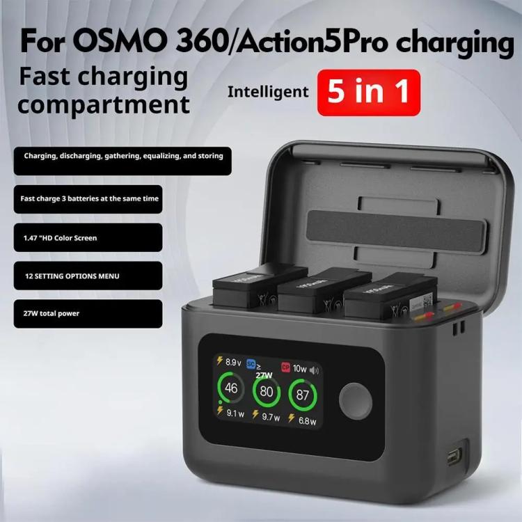 RCSTQ 5 In 1 With Screen Charging Bin Intelligent Charge Manager For DJI Osmo 360 / Action 5 Pro / Action 4 / Action 3, Battery Not Included