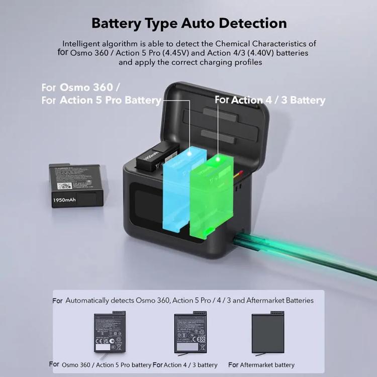 RCSTQ 5 In 1 With Screen Charging Bin Intelligent Charge Manager For DJI Osmo 360 / Action 5 Pro / Action 4 / Action 3, Battery Not Included