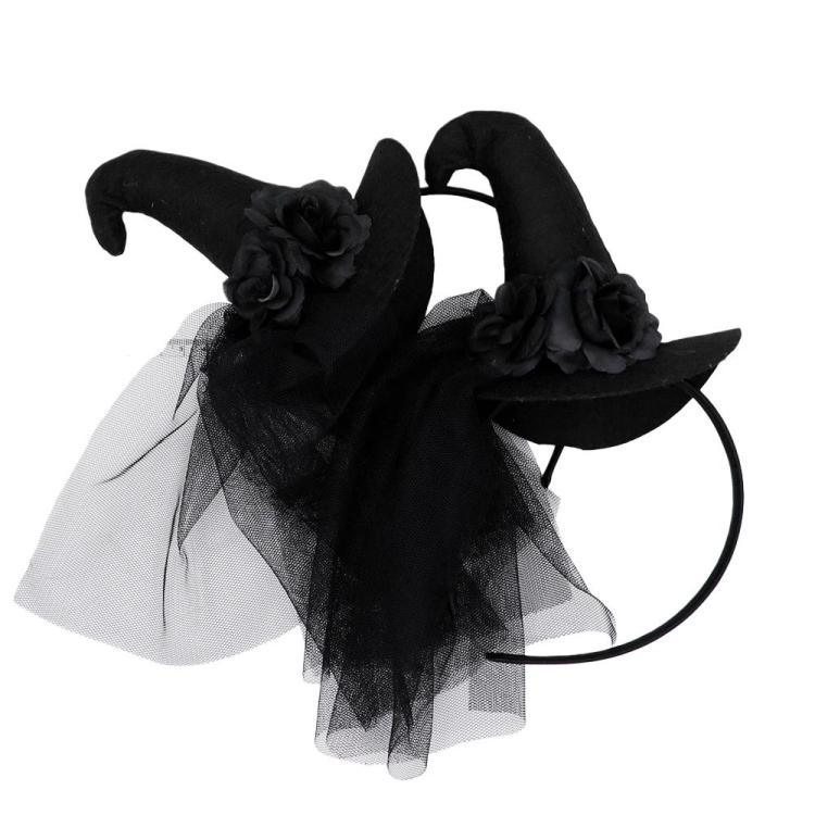 Lace Headband Retro Mesh Witch Hat Halloween Headpiece Party Costume - Black