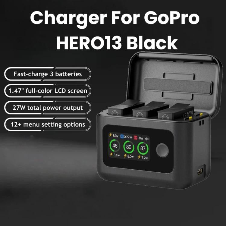 SYMIK Battery Charger For GoPro HERO13 Black Charging Hub Portable Power Manager With 1.47-Inch LCD Screen - Black