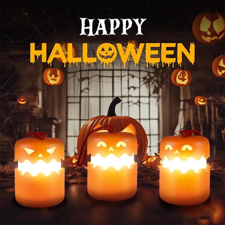 Halloween Pumpkin Lantern With Double-Sided LED Faces Collapsible Rechargeable Night Light - Orange