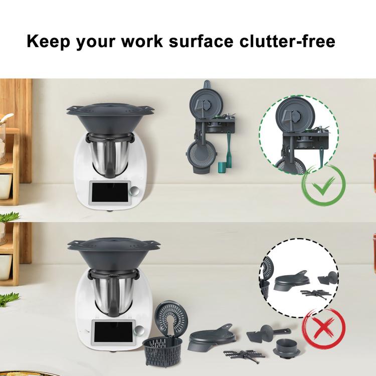 Wall-Mounted Rack for Thermomix TM31/TM5/TM6 Accessory Organizer Space-Saving Storage Shelf with Hooks - Gray
