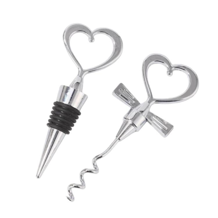 2pcs Heart-Shaped Wine Stopper And Bottle Opener Set Wedding Gift Wineware Set, Spec: Zinc Alloy