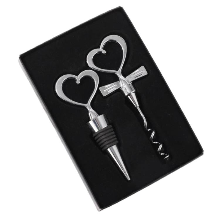 2pcs Heart-Shaped Wine Stopper And Bottle Opener Set Wedding Gift Wineware Set, Spec: Zinc Alloy