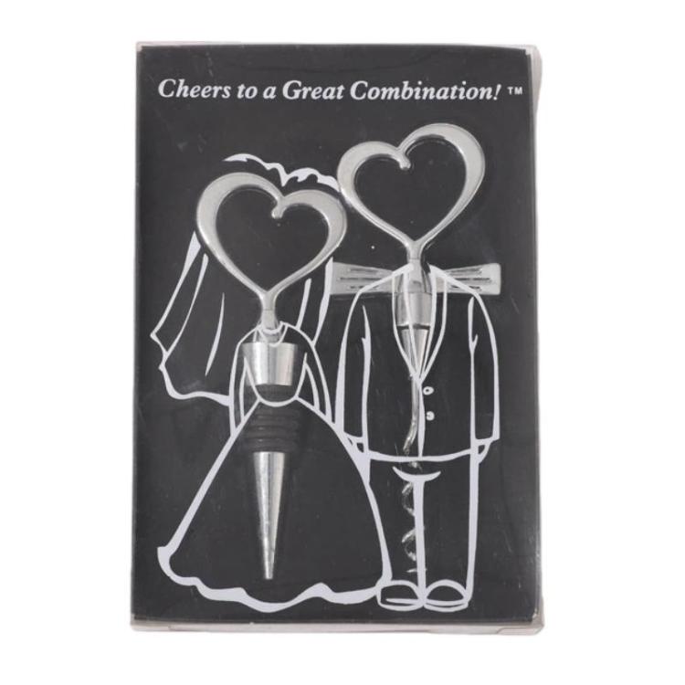 2pcs Heart-Shaped Wine Stopper And Bottle Opener Set Wedding Gift Wineware Set, Spec: Zinc Alloy