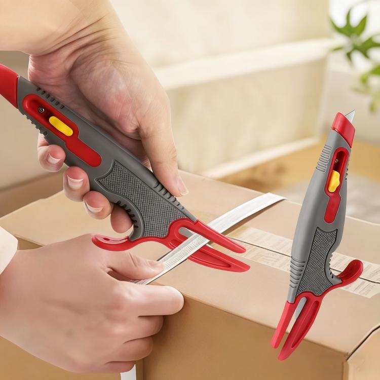 Multi-purpose Tape Cutter Box Opening Knife Anti-cut Automatic Rebound Utility Knife - Gray Red