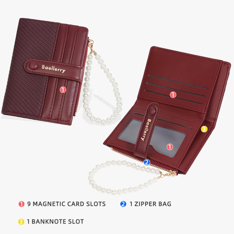 Baellerry N8357  Women Pearl Chain Short Wallet Zipper Coin Pouch Compact Card Holder