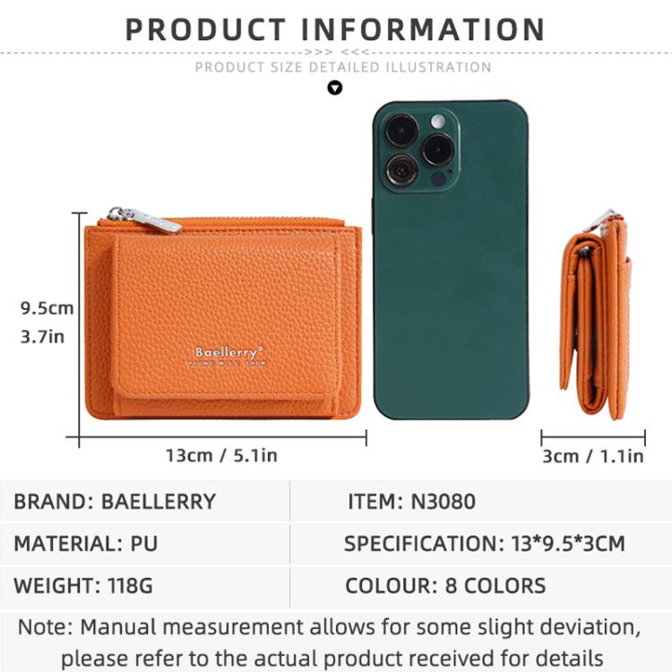 Baellerry N3080 Women Compact Pebble Grain Tri-Fold Wallet Slim Zippered Coin Purse with Quick-Access ID Slot