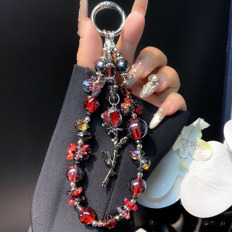 Alloy Rose Pendant Crystal Cell Phone Chain Beaded Wrist Lanyard