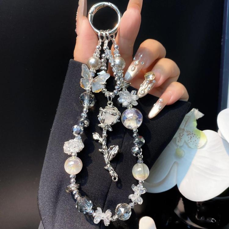 Alloy Rose Pendant Crystal Cell Phone Chain Beaded Wrist Lanyard