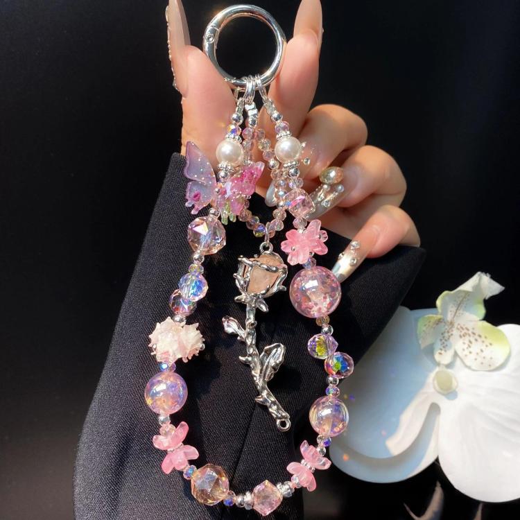 Alloy Rose Pendant Crystal Cell Phone Chain Beaded Wrist Lanyard