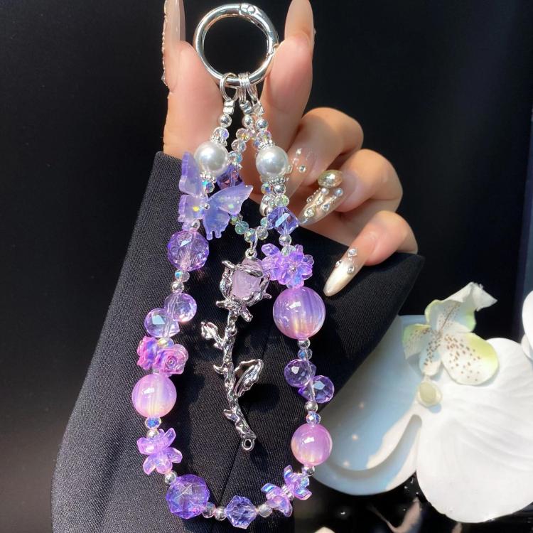 Alloy Rose Pendant Crystal Cell Phone Chain Beaded Wrist Lanyard