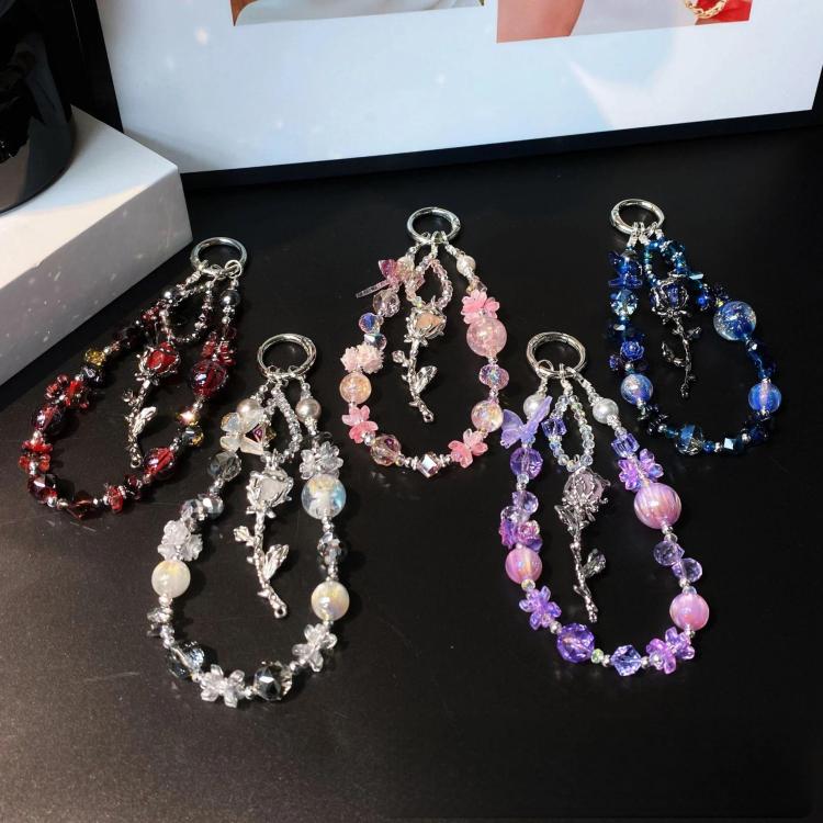 Alloy Rose Pendant Crystal Cell Phone Chain Beaded Wrist Lanyard