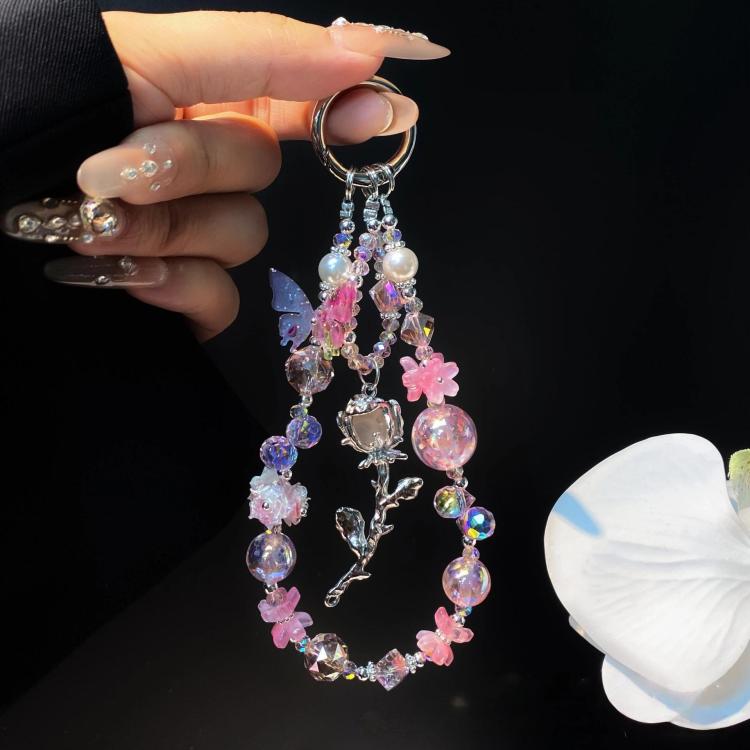 Alloy Rose Pendant Crystal Cell Phone Chain Beaded Wrist Lanyard