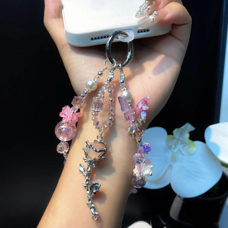 Alloy Rose Pendant Crystal Cell Phone Chain Beaded Wrist Lanyard