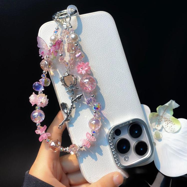 Alloy Rose Pendant Crystal Cell Phone Chain Beaded Wrist Lanyard