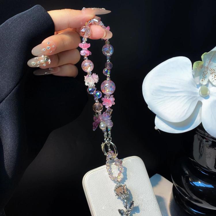 Alloy Rose Pendant Crystal Cell Phone Chain Beaded Wrist Lanyard