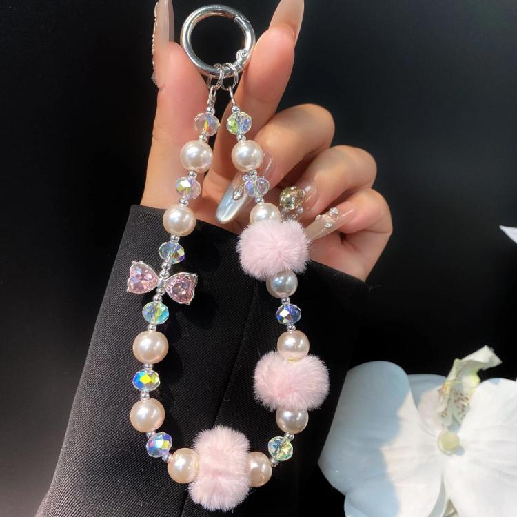 Plush Ball Cell Phone Lanyard Wrist Chain Camera Keychain Charm Pearl Bow Lanyard