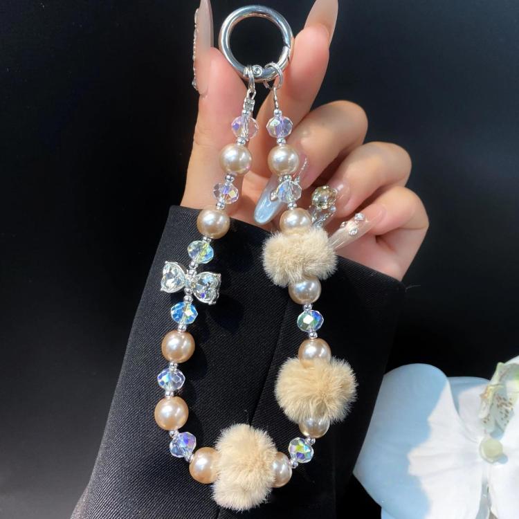 Plush Ball Cell Phone Lanyard Wrist Chain Camera Keychain Charm Pearl Bow Lanyard