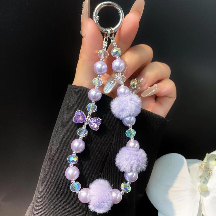 Plush Ball Cell Phone Lanyard Wrist Chain Camera Keychain Charm Pearl Bow Lanyard