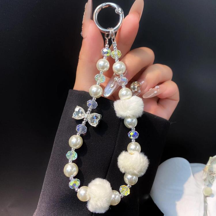 Plush Ball Cell Phone Lanyard Wrist Chain Camera Keychain Charm Pearl Bow Lanyard