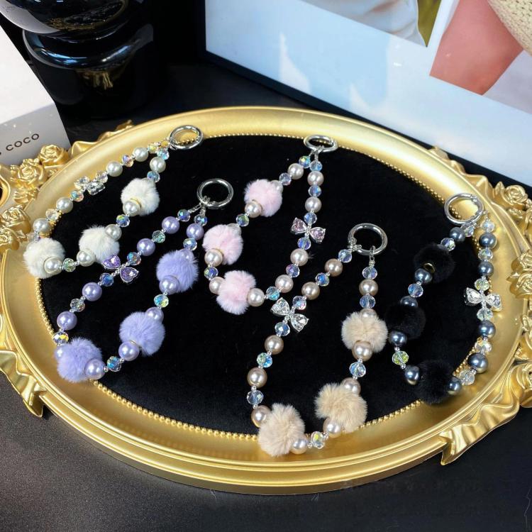 Plush Ball Cell Phone Lanyard Wrist Chain Camera Keychain Charm Pearl Bow Lanyard