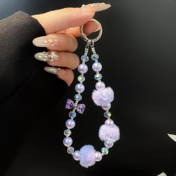 Plush Ball Cell Phone Lanyard Wrist Chain Camera Keychain Charm Pearl Bow Lanyard