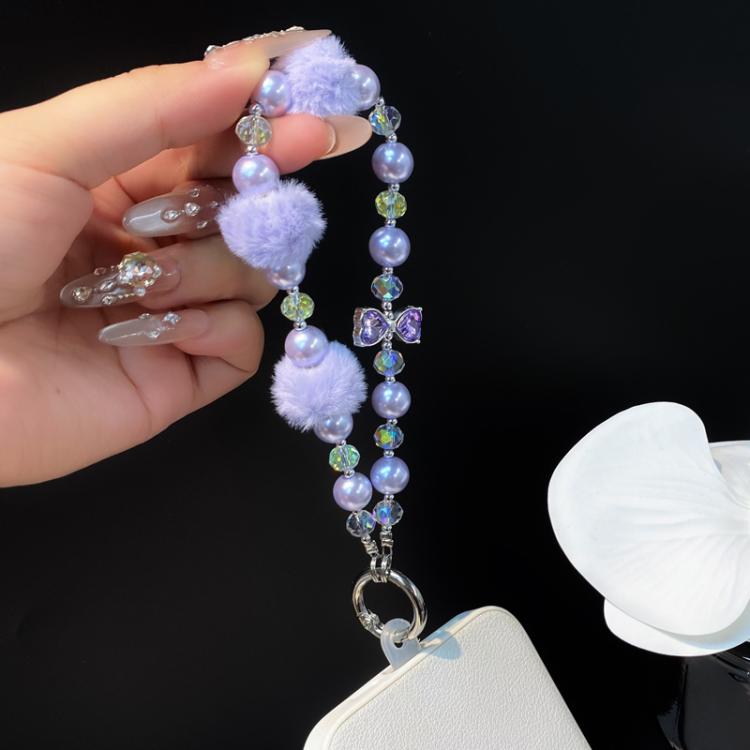 Plush Ball Cell Phone Lanyard Wrist Chain Camera Keychain Charm Pearl Bow Lanyard