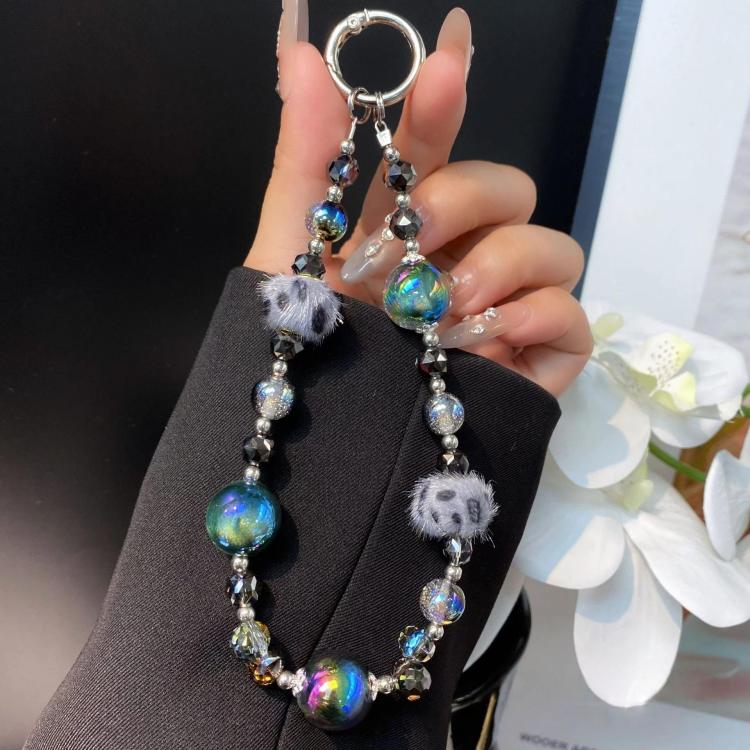 Leopard Print Fur Ball Cell Phone Chain Crystal Handmade Beaded Chain