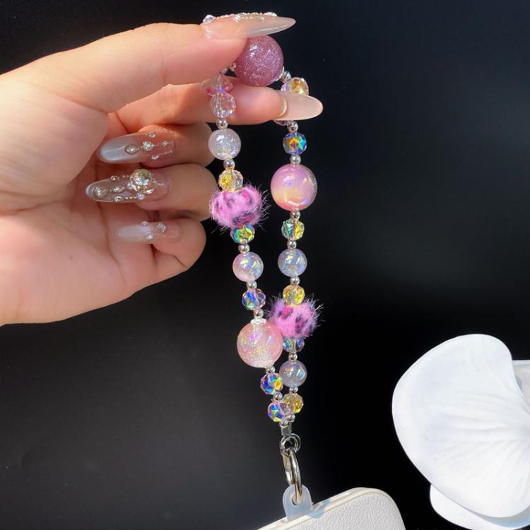 Leopard Print Fur Ball Cell Phone Chain Crystal Handmade Beaded Chain