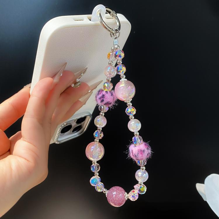 Leopard Print Fur Ball Cell Phone Chain Crystal Handmade Beaded Chain