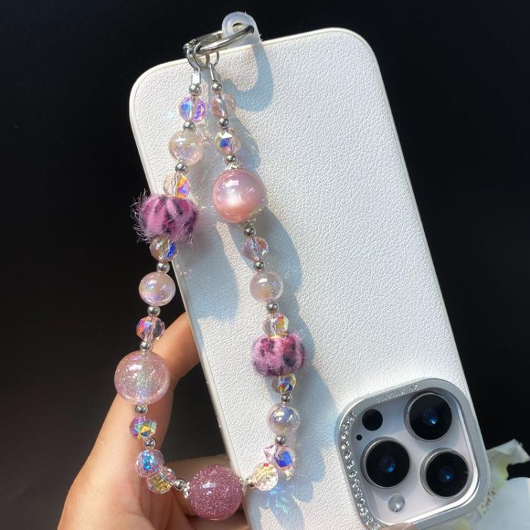 Leopard Print Fur Ball Cell Phone Chain Crystal Handmade Beaded Chain