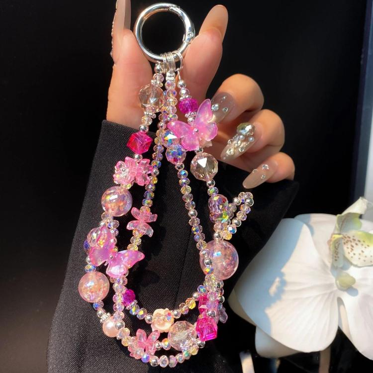 Butterfly Crystal Handmade Beaded Wrist Short Cell Phone Chain Double Chain Key Bag Charms