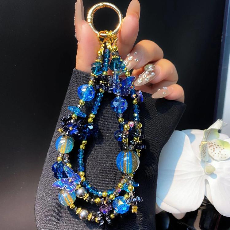 Butterfly Crystal Handmade Beaded Wrist Short Cell Phone Chain Double Chain Key Bag Charms