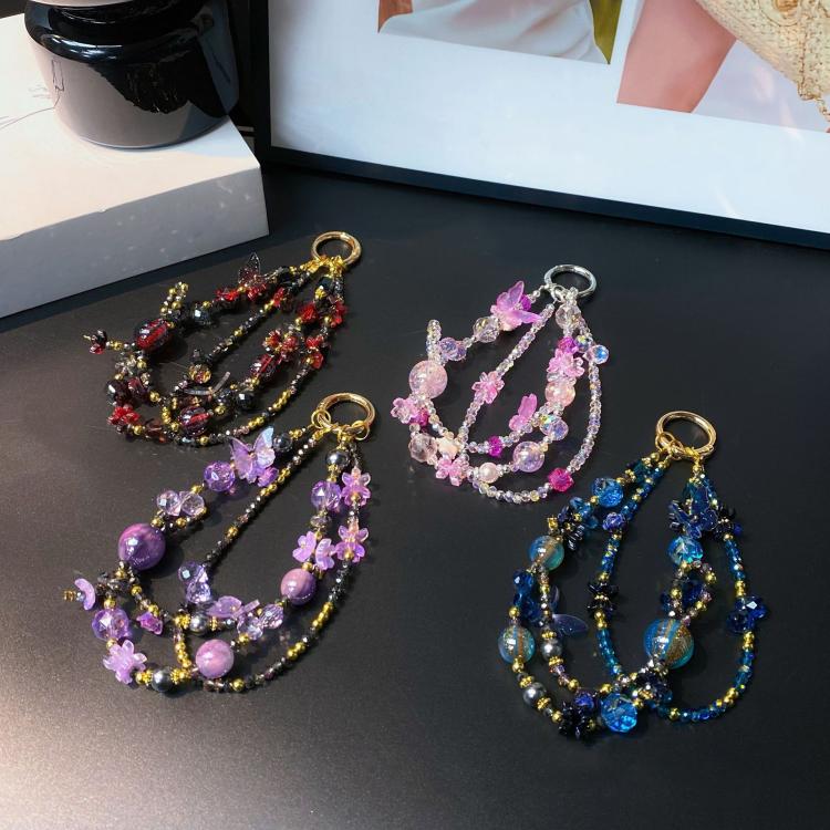 Butterfly Crystal Handmade Beaded Wrist Short Cell Phone Chain Double Chain Key Bag Charms