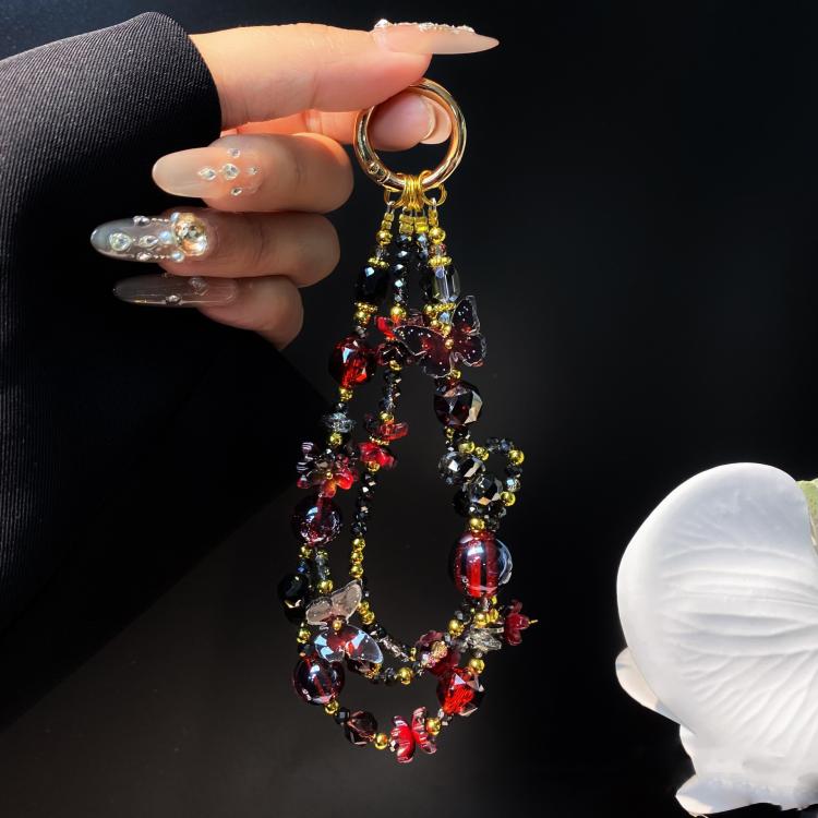Butterfly Crystal Handmade Beaded Wrist Short Cell Phone Chain Double Chain Key Bag Charms
