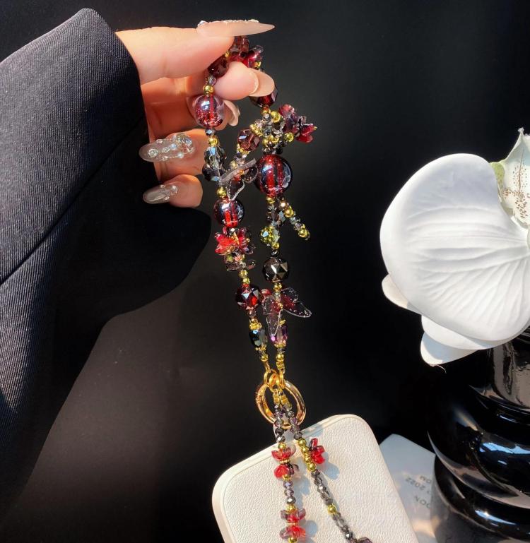 Butterfly Crystal Handmade Beaded Wrist Short Cell Phone Chain Double Chain Key Bag Charms