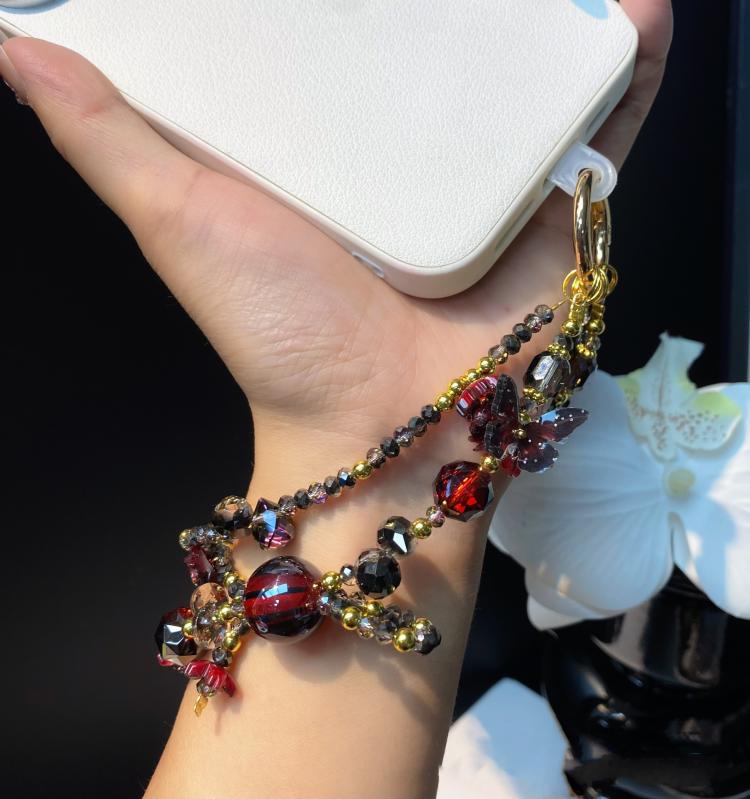 Butterfly Crystal Handmade Beaded Wrist Short Cell Phone Chain Double Chain Key Bag Charms