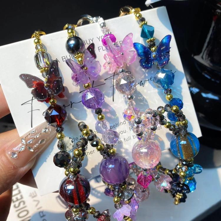 Butterfly Crystal Handmade Beaded Wrist Short Cell Phone Chain Double Chain Key Bag Charms