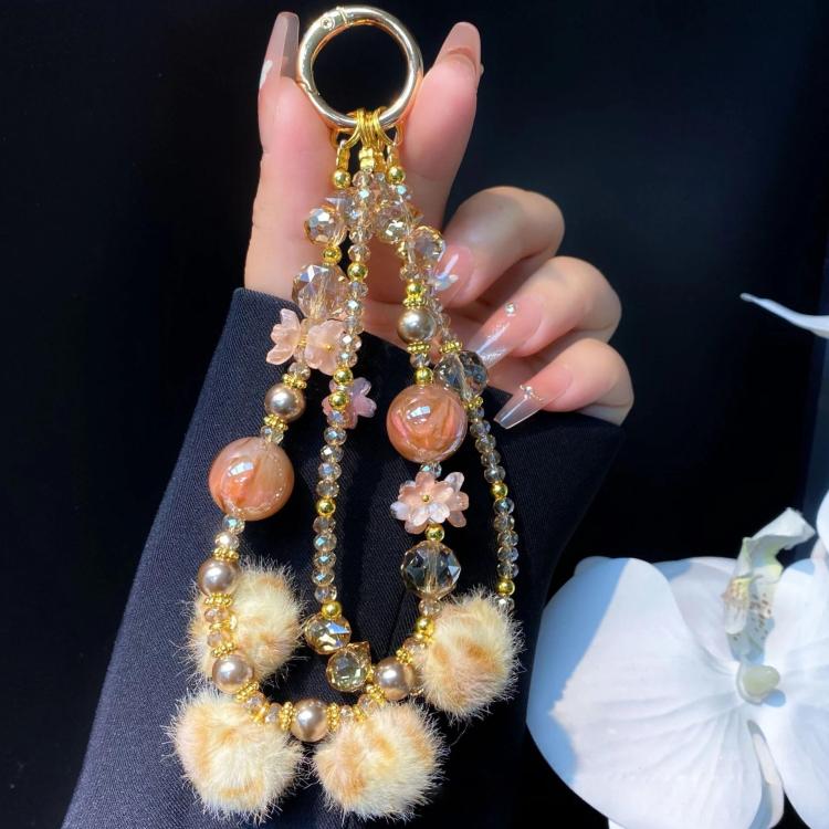 Leopard Print Fur Ball Cell Phone Lanyard Double Chain Crystal Beaded Pearl Plush Cell Phone Chain