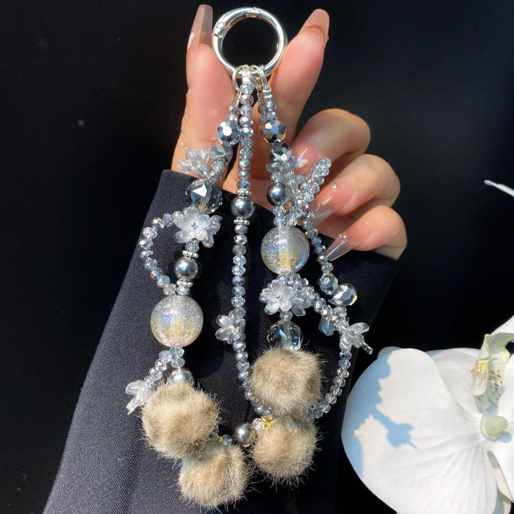 Leopard Print Fur Ball Cell Phone Lanyard Double Chain Crystal Beaded Pearl Plush Cell Phone Chain