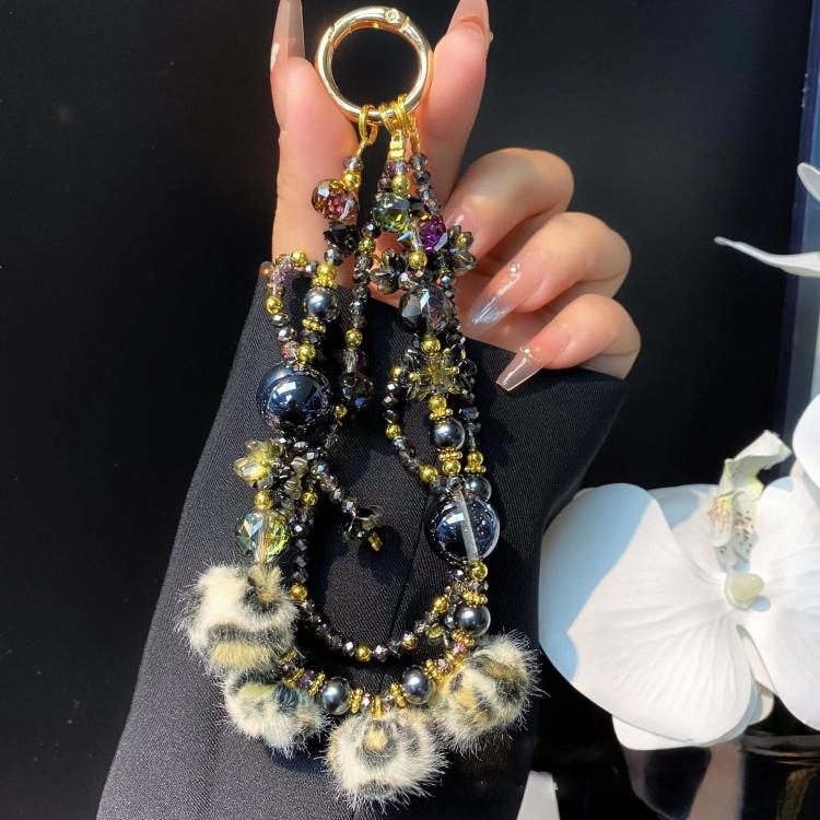 Leopard Print Fur Ball Cell Phone Lanyard Double Chain Crystal Beaded Pearl Plush Cell Phone Chain
