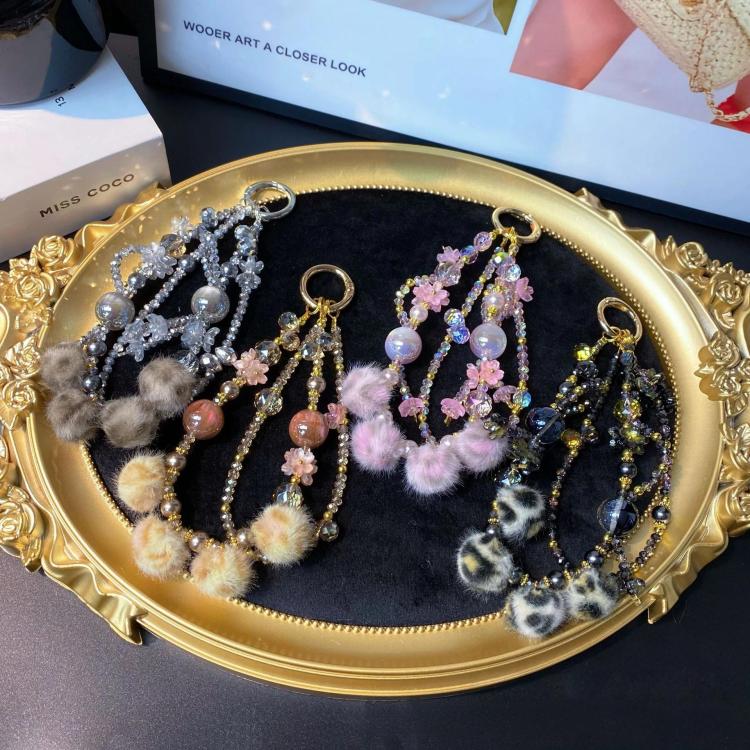 Leopard Print Fur Ball Cell Phone Lanyard Double Chain Crystal Beaded Pearl Plush Cell Phone Chain