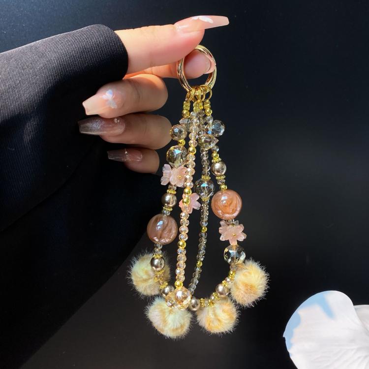 Leopard Print Fur Ball Cell Phone Lanyard Double Chain Crystal Beaded Pearl Plush Cell Phone Chain